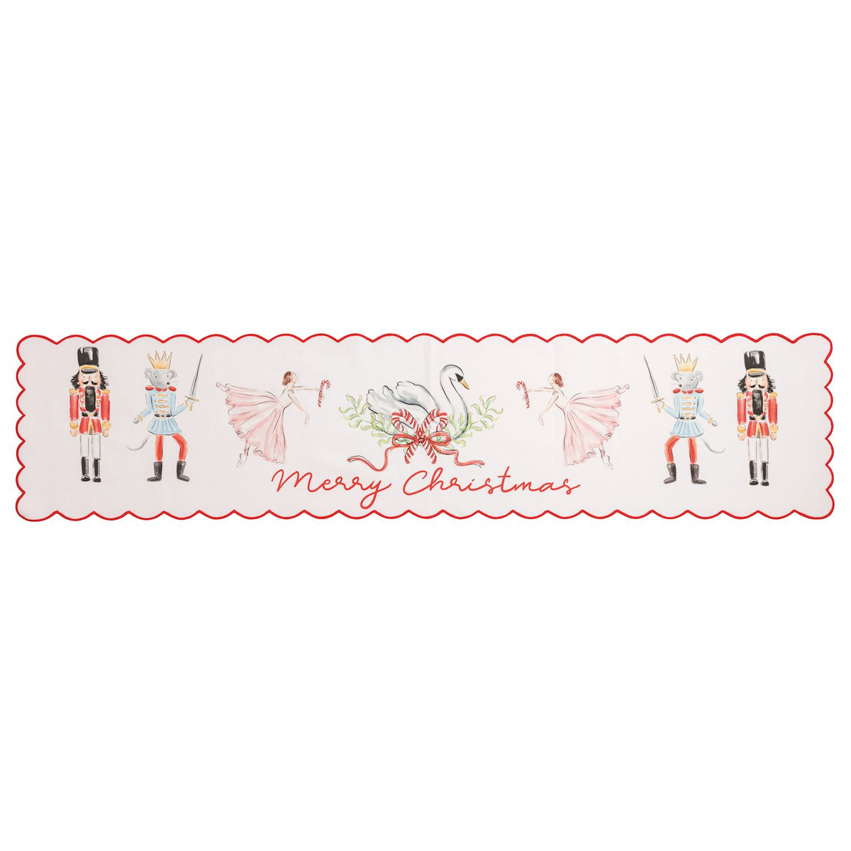 A rectangular holiday table runner with a scalloped red border, featuring watercolor illustrations of nutcrackers, ballerinas, a swan, candy canes, and the text 'Merry Christmas' on a white background.