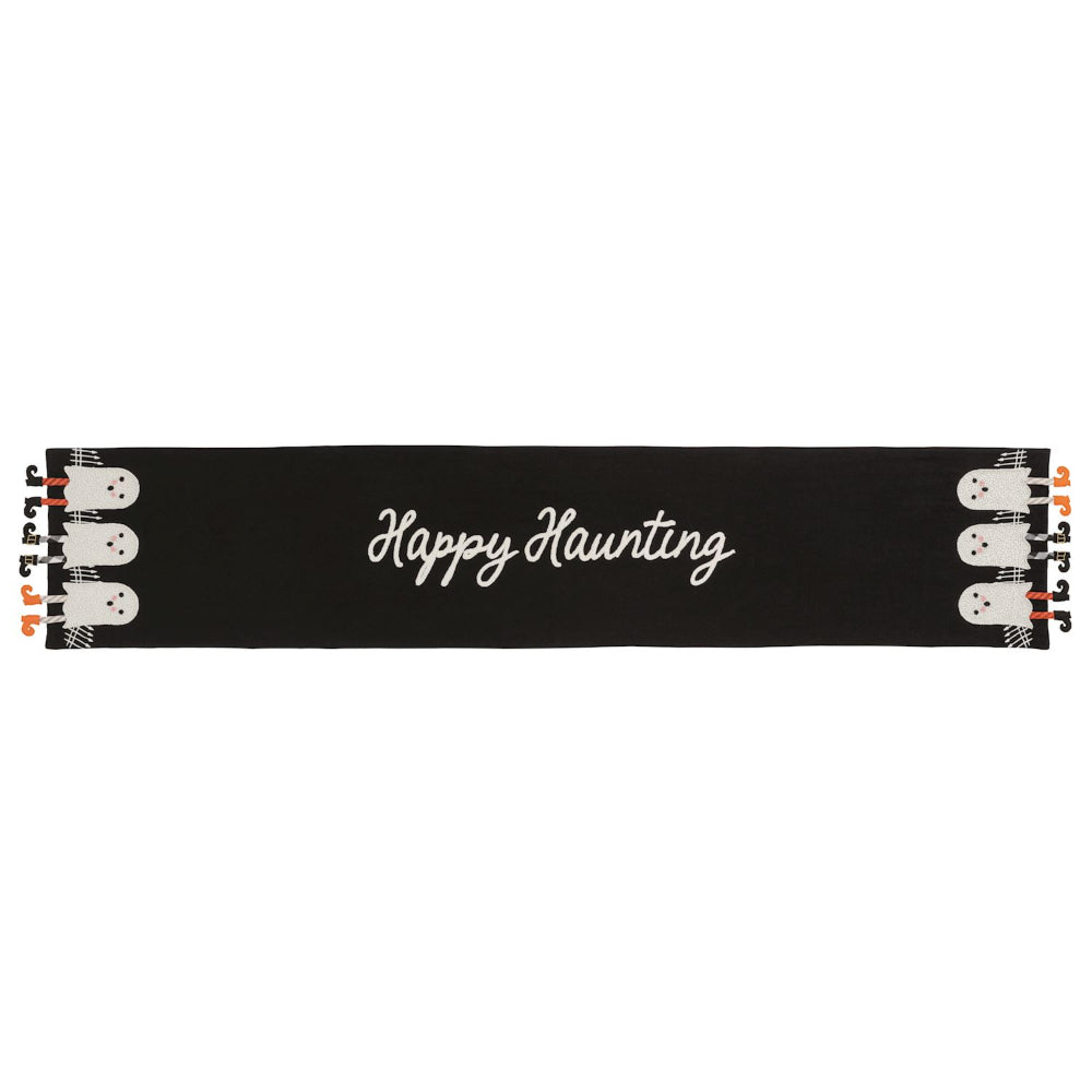 Black table liner with 'Happy Haunting' text and ghost designs on a white background.