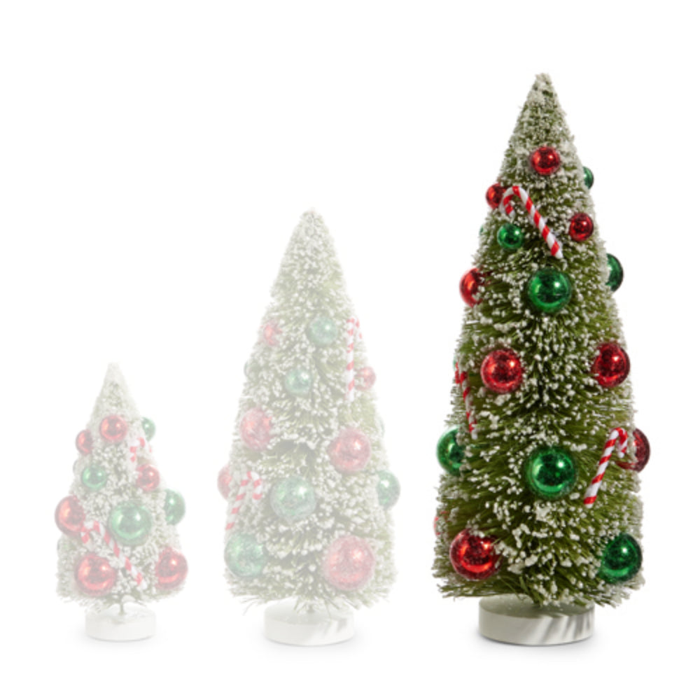 Snowy Bottle Brush Trees with Ornaments