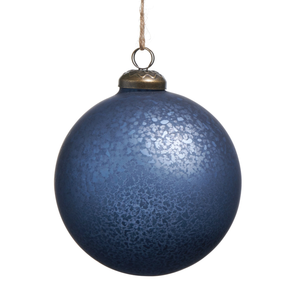Blue textured Christmas ornament with a gold cap on a white background.