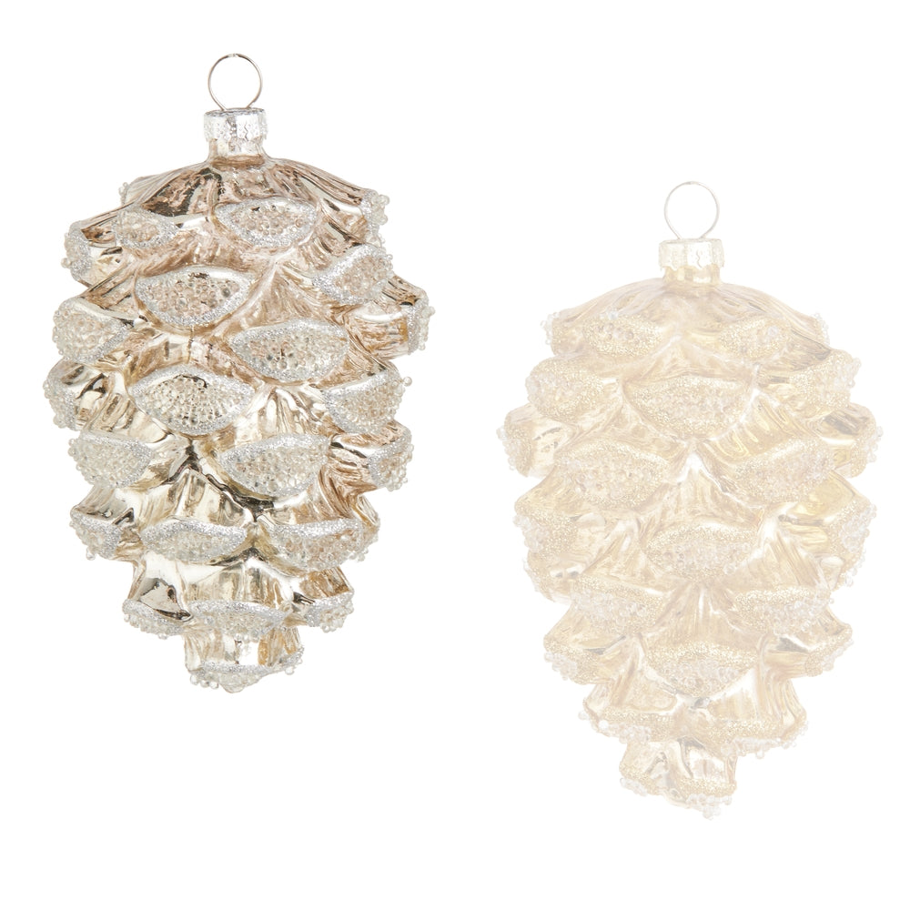 Two decorative glass ornaments shaped like pinecones on a white background