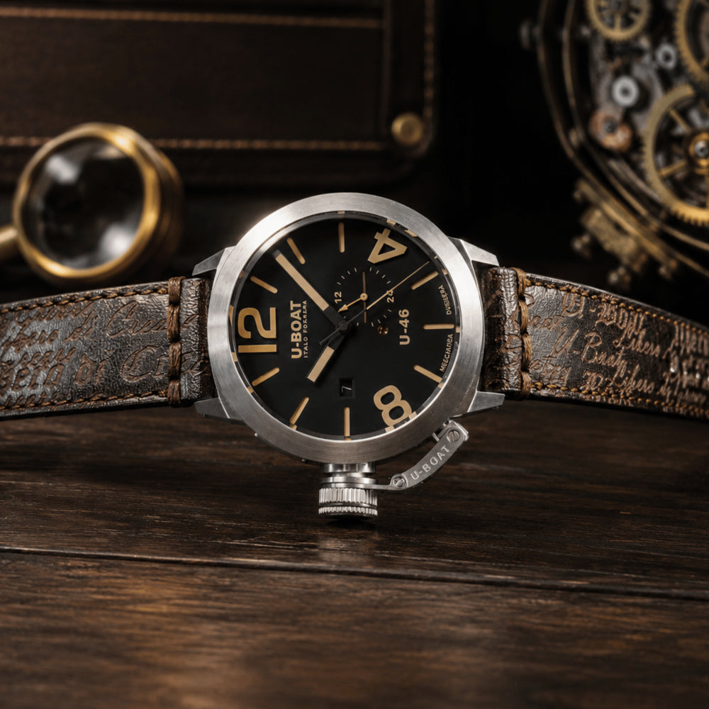 Watch with brown leather strap and black dial on a wooden surface