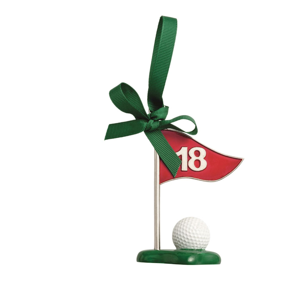 Golf ornament with number 18 flag and green ribbon on a white background