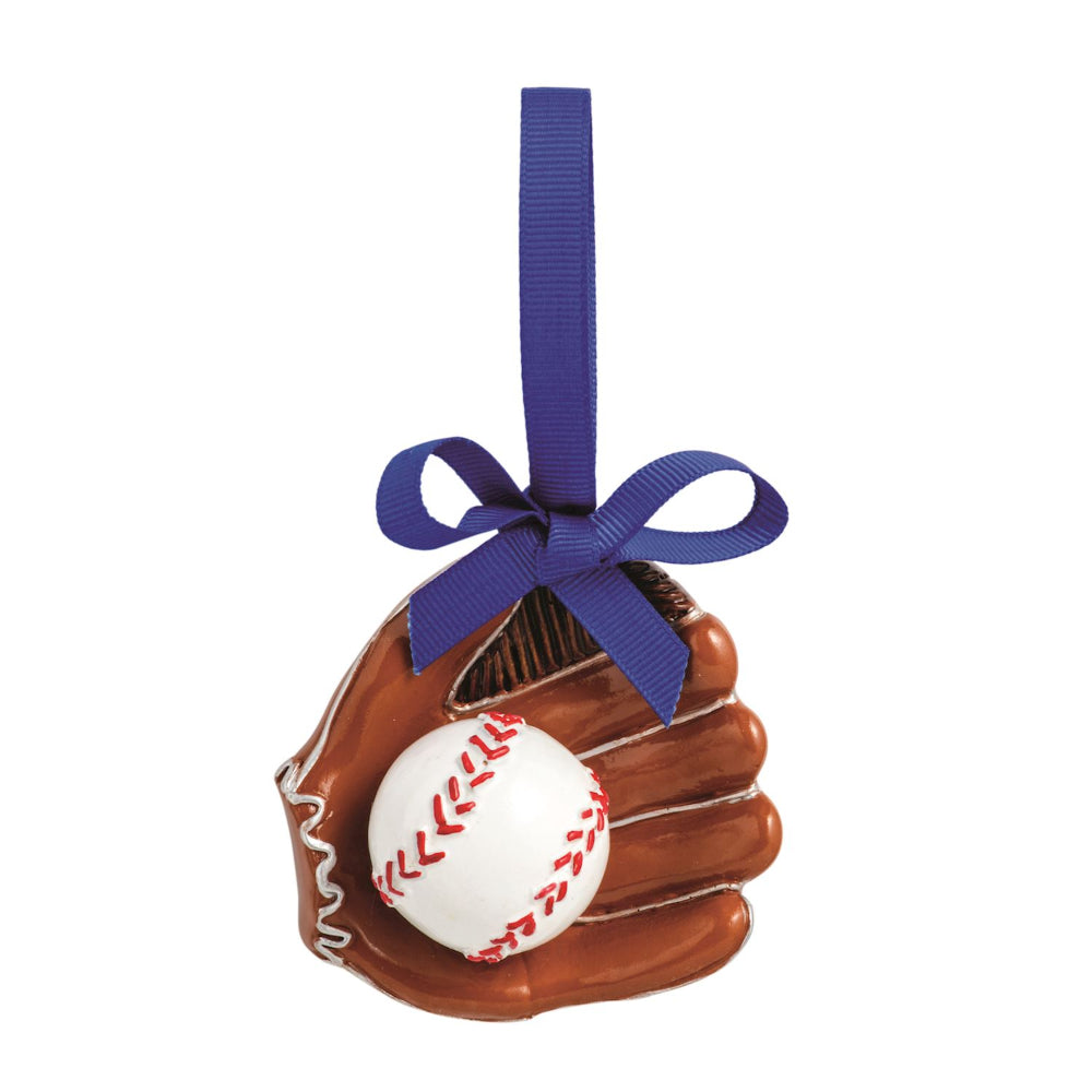 Baseball glove ornament with a baseball inside and a blue ribbon on a white background