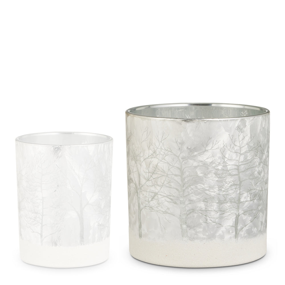 Silver container with tree pattern on a white background