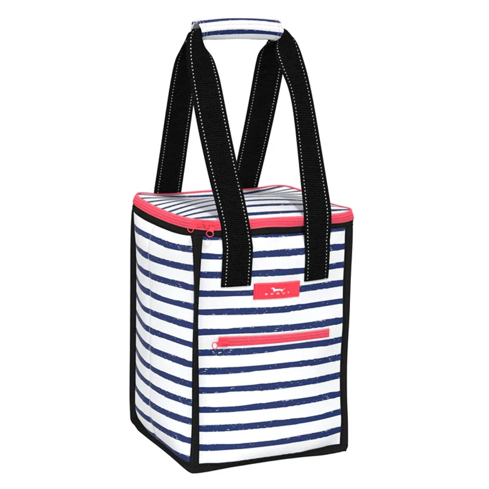 Striped cooler bag with black handles on a white background
