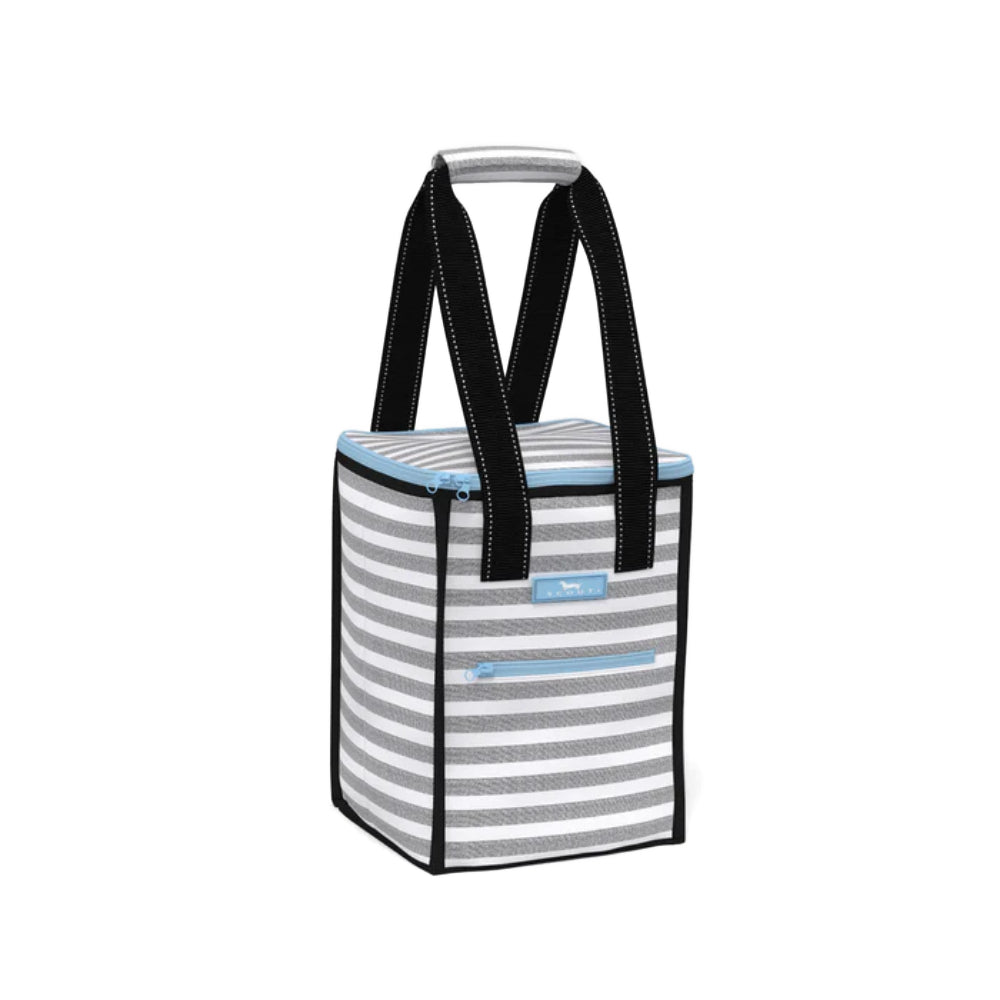 Striped grey and white cooler bag with black handles on a white background