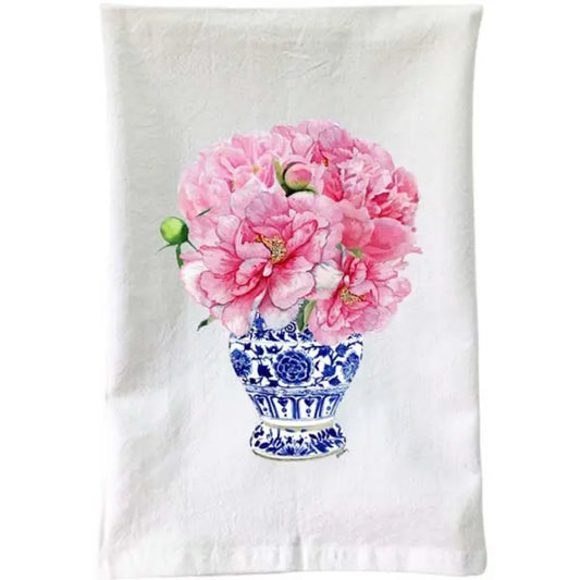 Blue & White - Pink Peonies Flour Sack Towel
