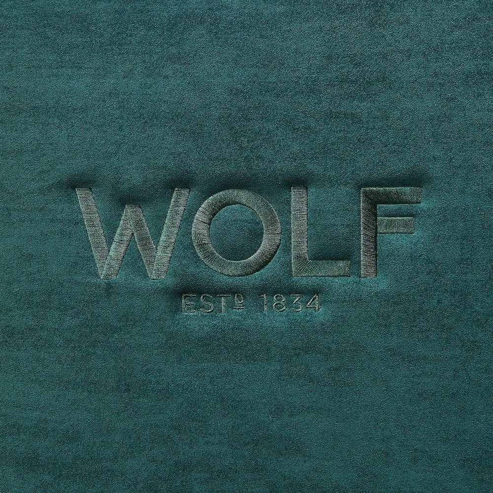 Text 'WOLF EST 1834' embossed on a textured teal background