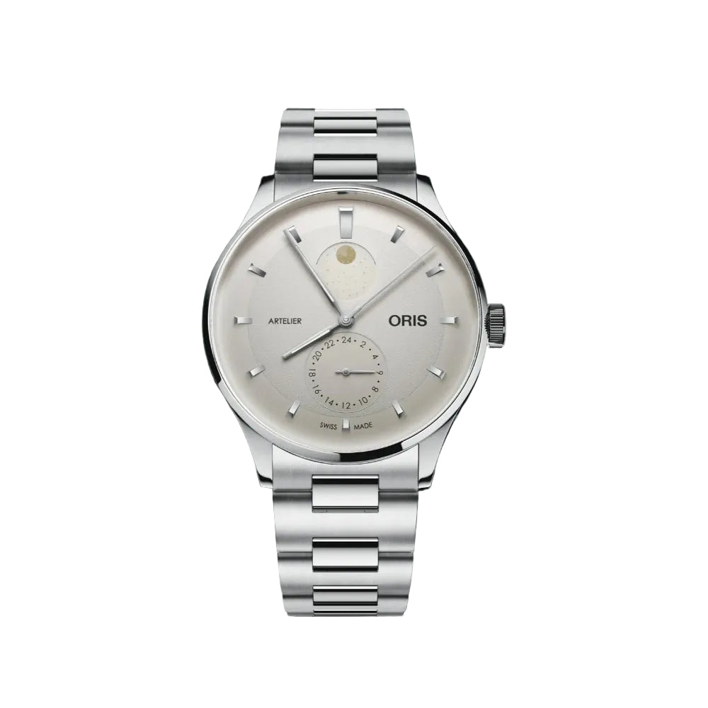 An Oris Artiller watch with a silver stainless steel case and link bracelet, featuring a white dial with silver hour markers and subdials, set against a dark green gradient background.