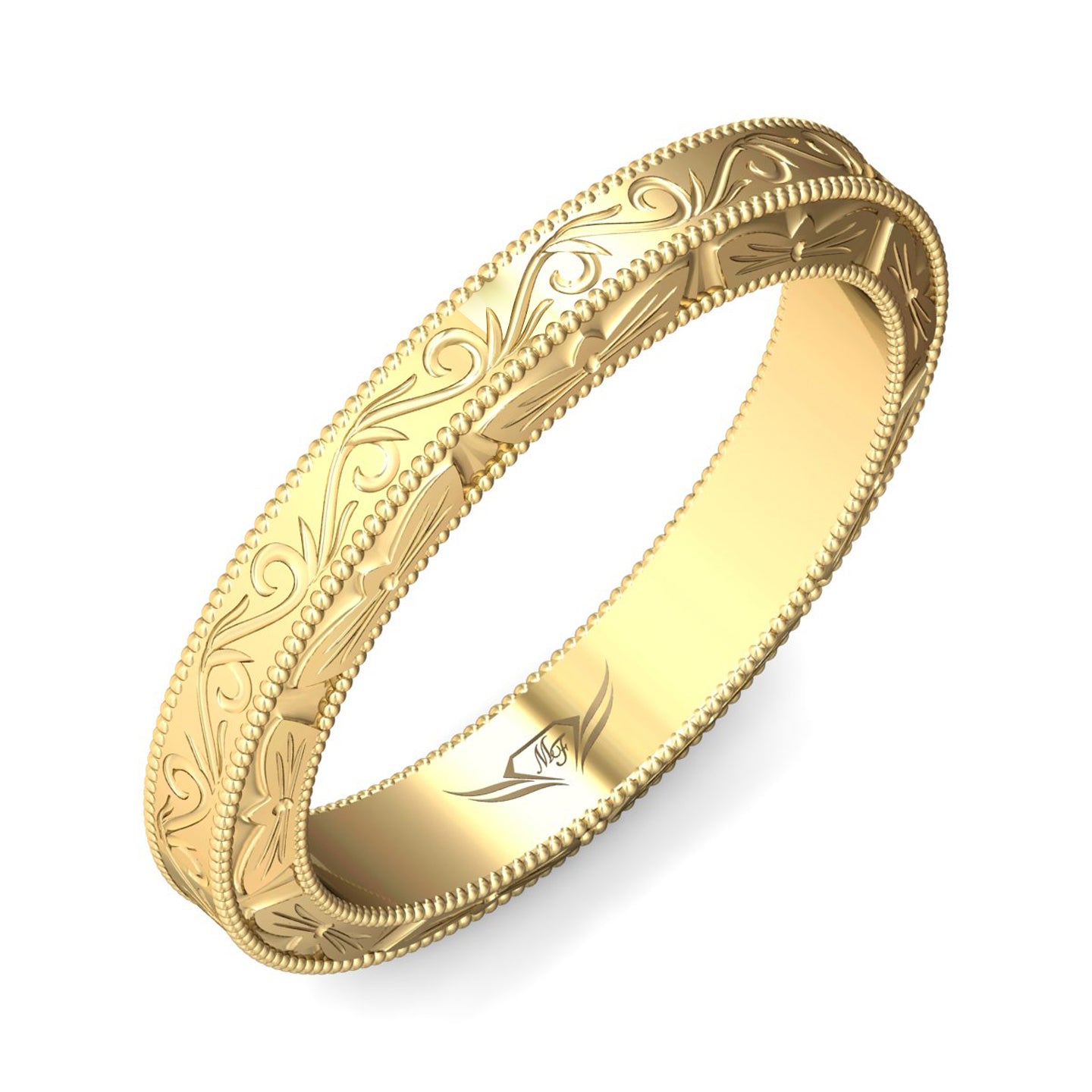 Gold ring with intricate patterns on a white background