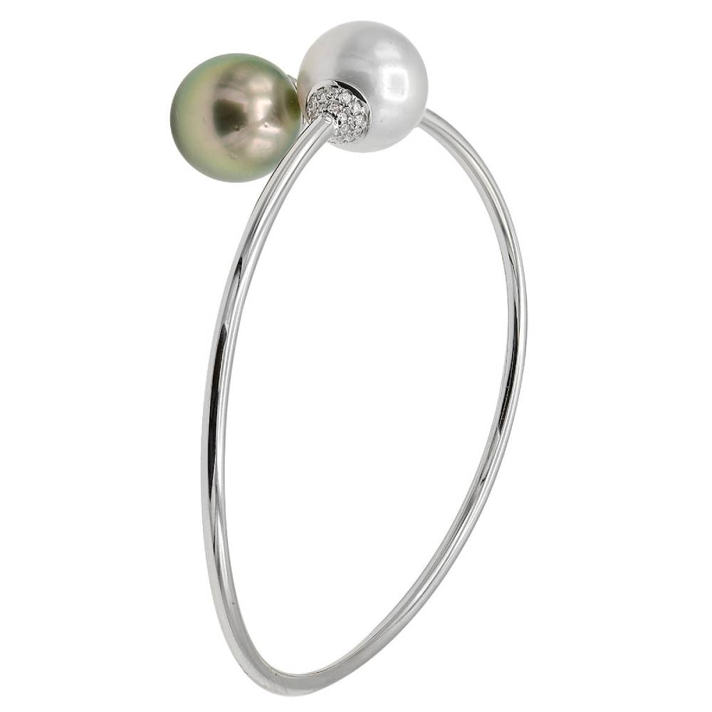 18k Gold South Sea and Tahitian Pearl Diamond Bypass Bangle Bracelet
