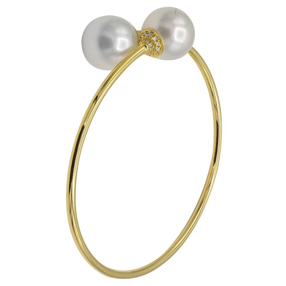 18k Gold South Sea Pearl Diamond Bypass Bangle Bracelet