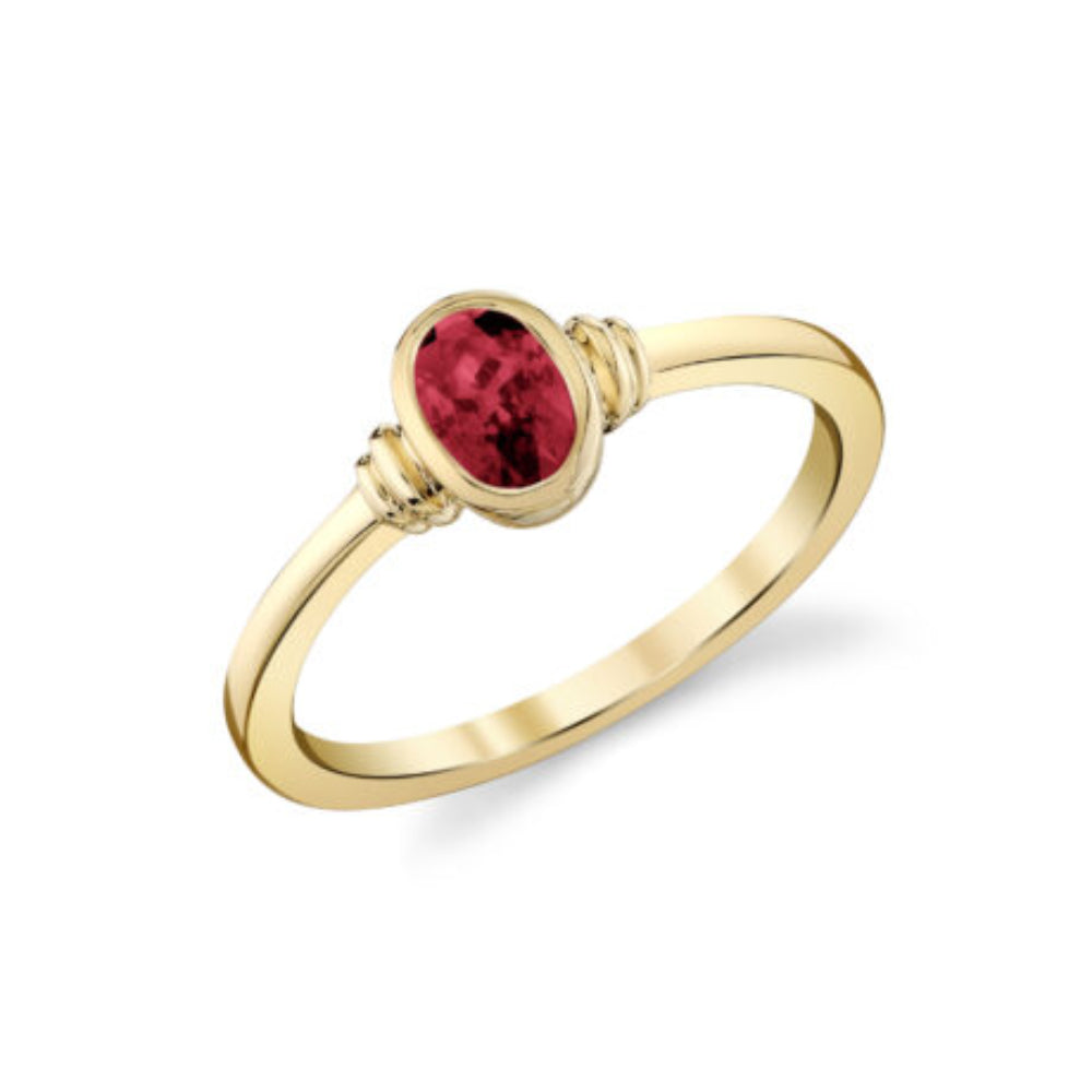 14k Gold Bezel Set Garnet Ridged Accent Ring