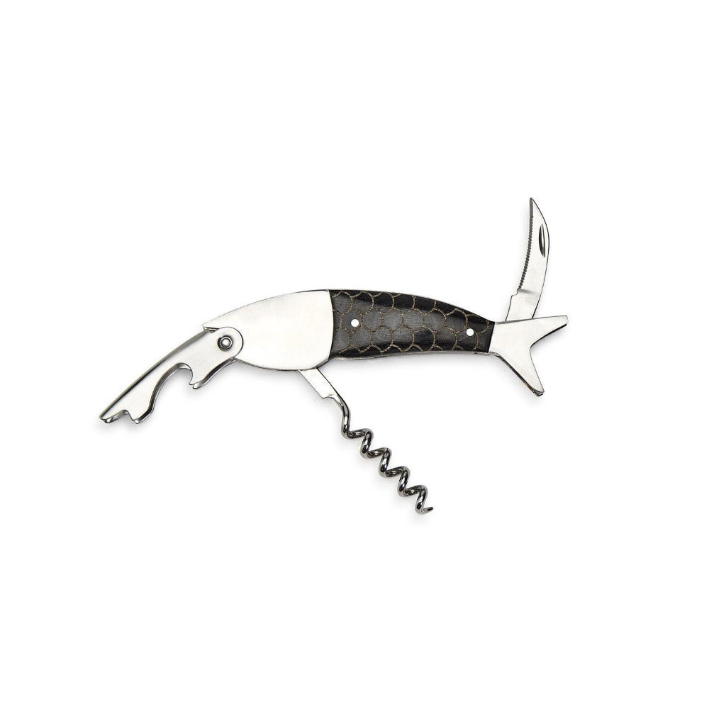 A corkscrew opener with a polished silver metal body and a textured black handle featuring a subtle scale-like pattern, shown against a plain white background.