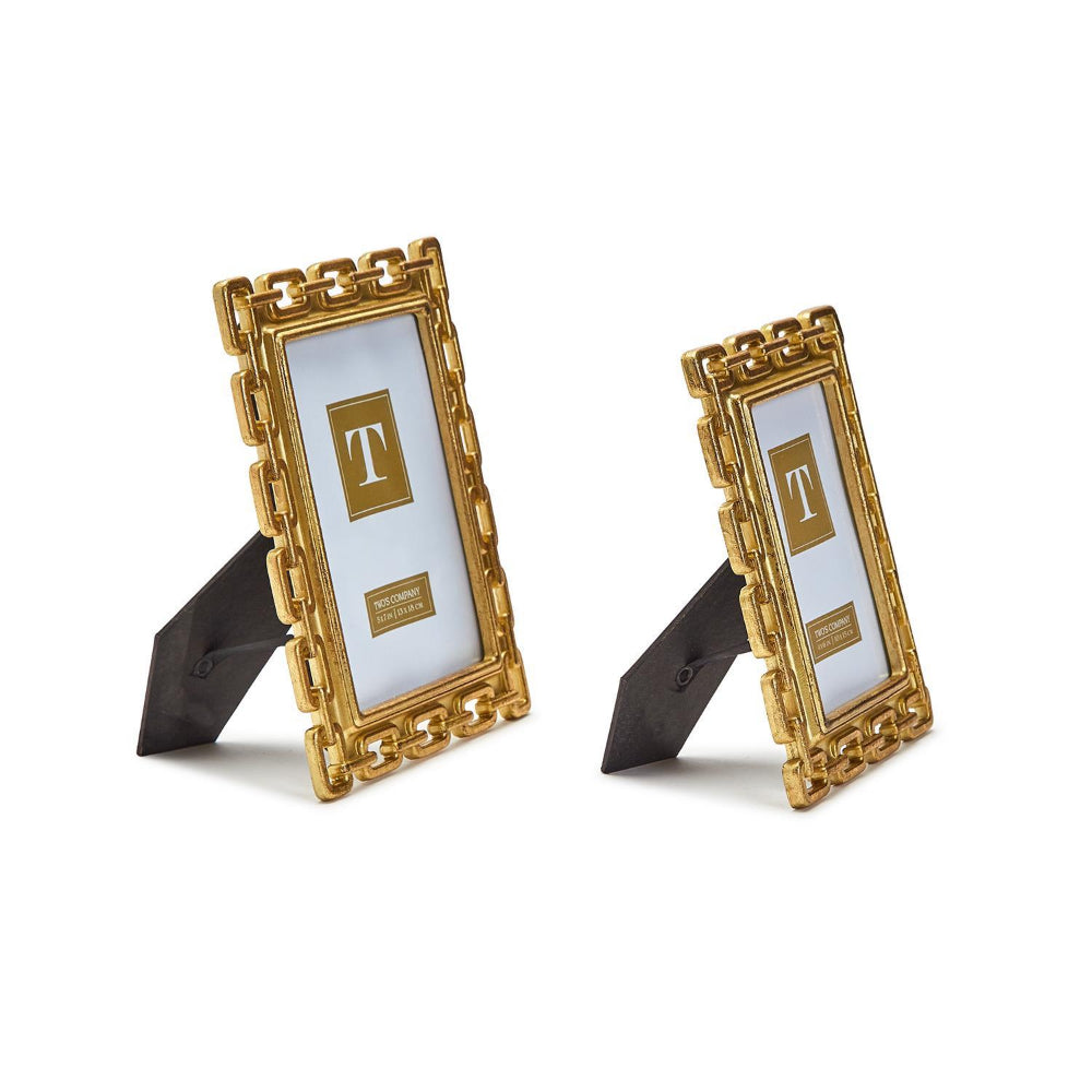 A side photo of two gold-colored resin photo frames with a chain link design, in 4x6 and 5x7 , from the brand Two's Company.