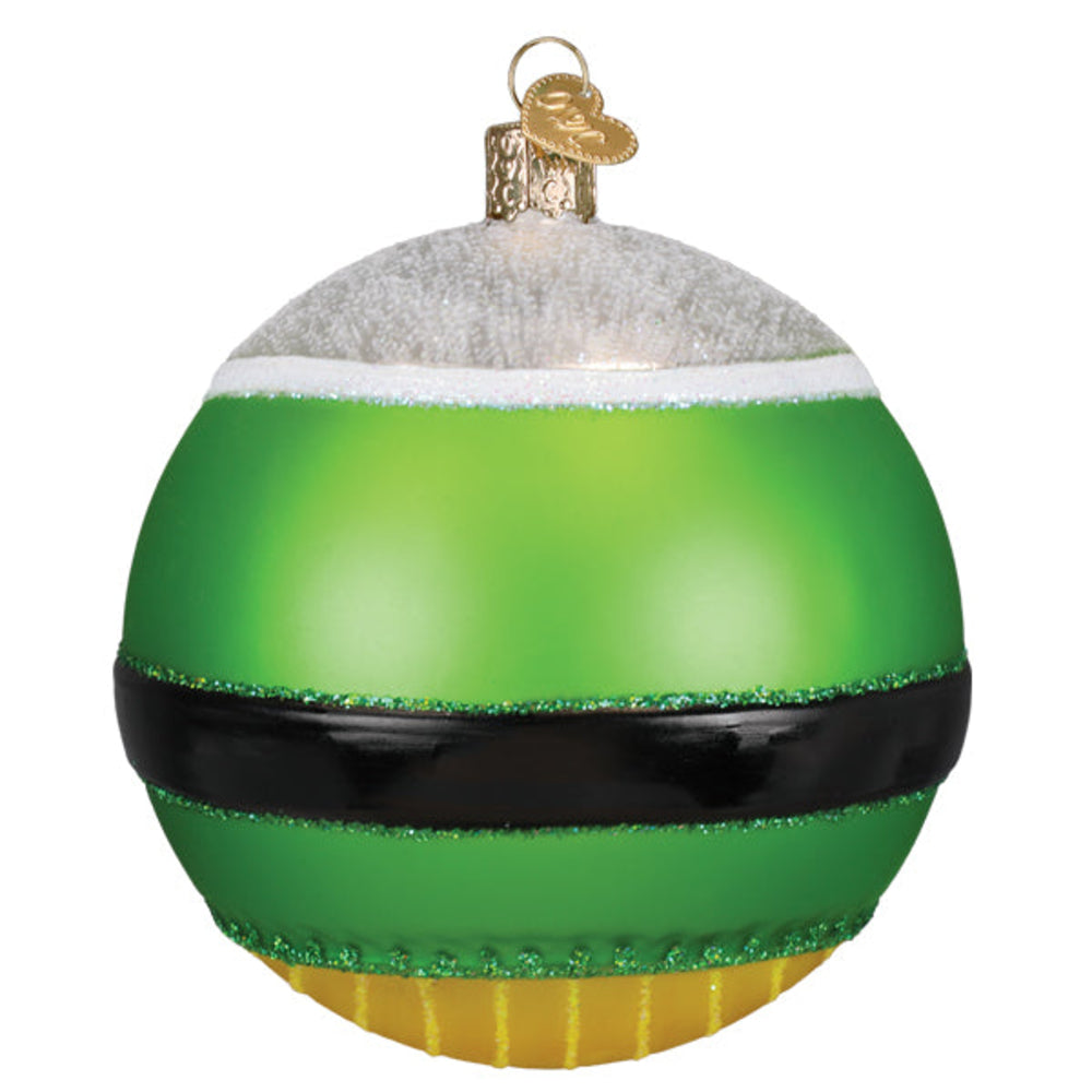 Multicolored Christmas ornament with green, black, and gold on a white background