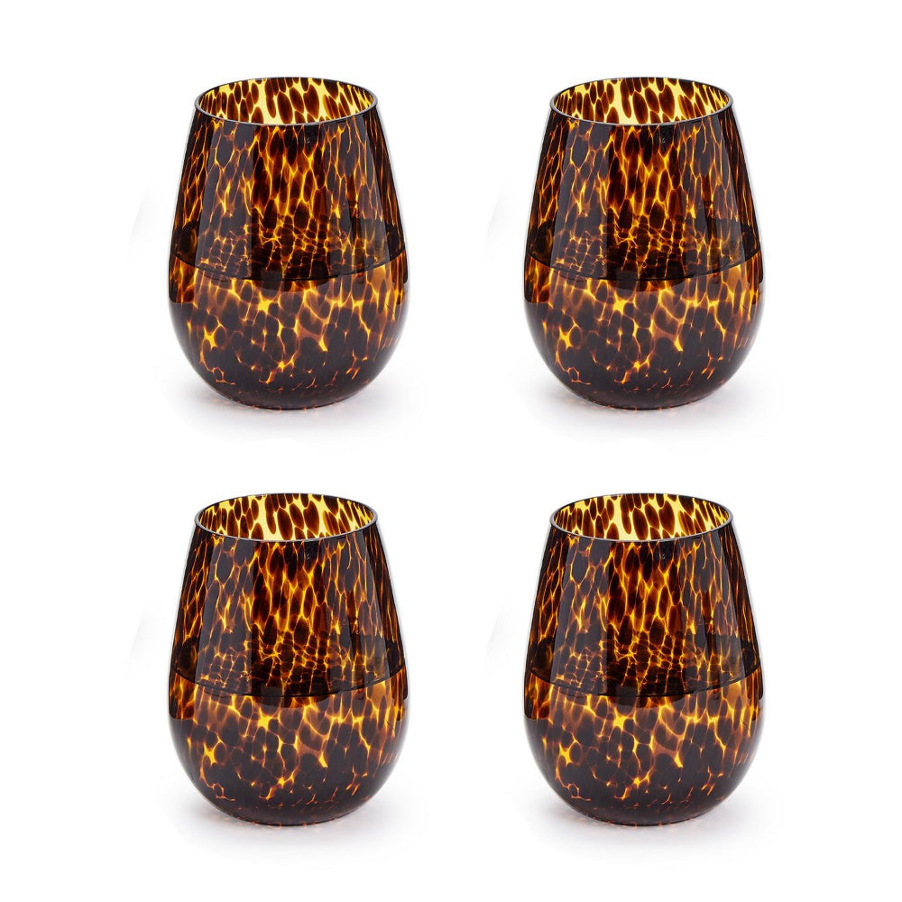 Four tortoiseshell patterned glasses on a white background.