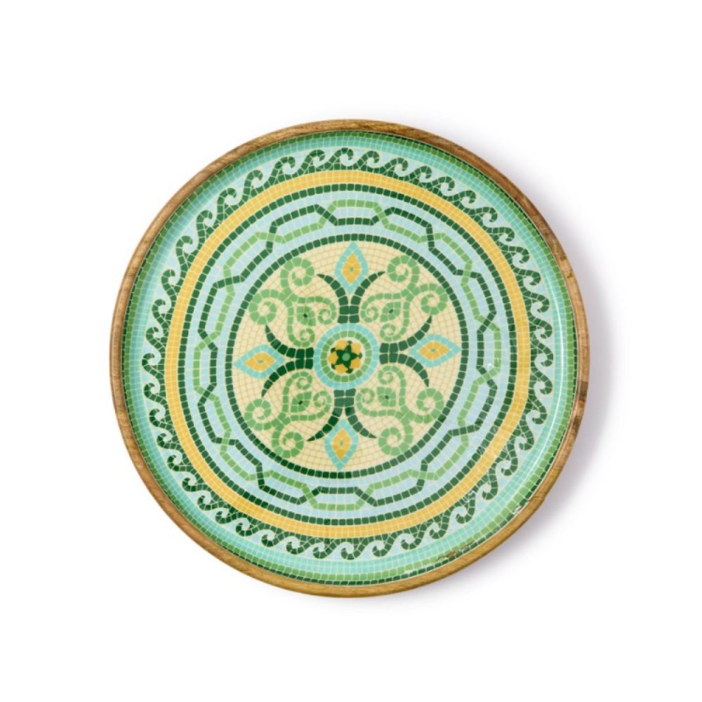 Two's Company Garden View Hand-Crafted Wooden Round Trays with Enamel