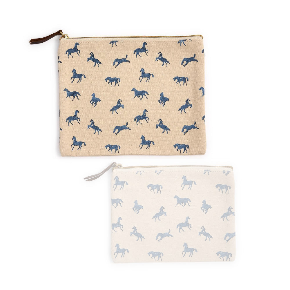Large beige pouche with blue horse patterns on a white background.