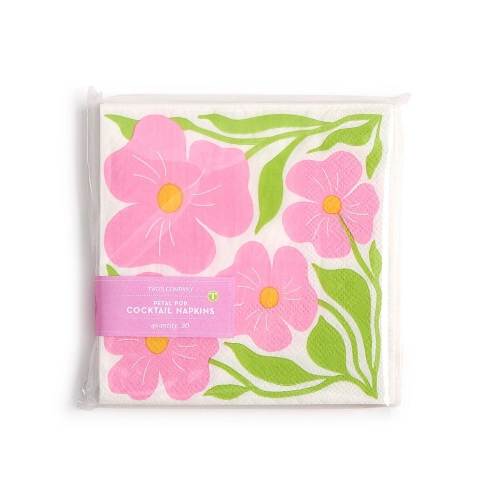Pack of cocktail napkins with pink floral design on a white background.