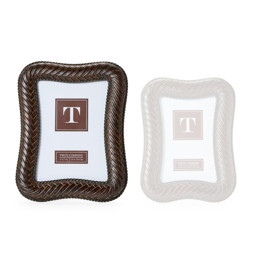 Brown 5x7 herringbone weave photo frame on a white backround.