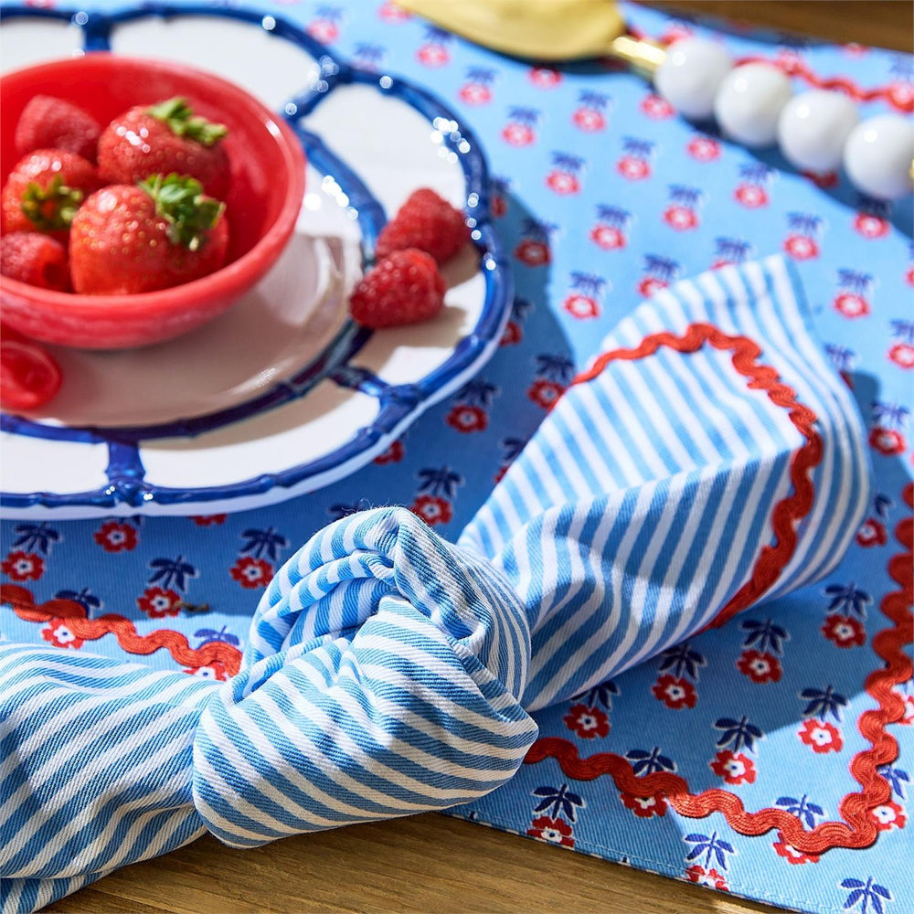 Two's Company Blue Stripe With Red Ric Rac Trim Cloth Dinner Napkins-Set of 4