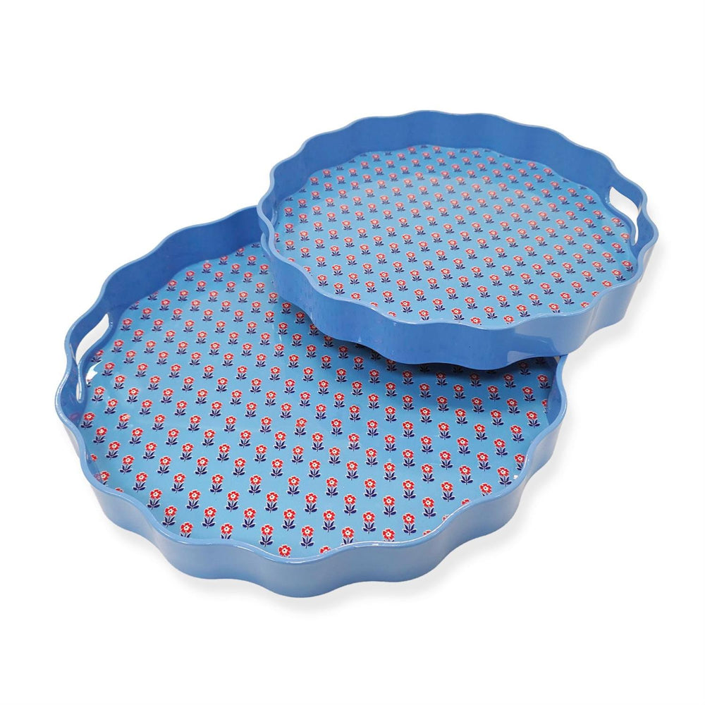 Two's Company Red, White, and Bloom Scalloped Lacquered Trays - Set of 2