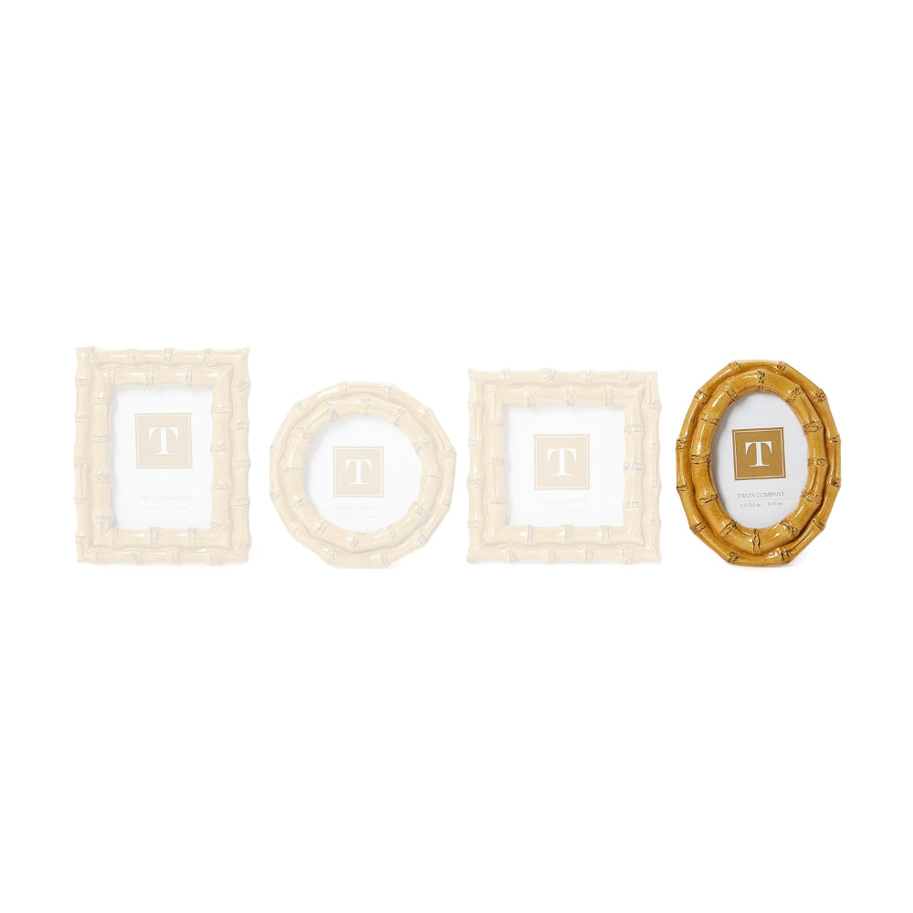 Oval 2.5" x 3.5" tan bamboo-style picture frame on a white backround.
