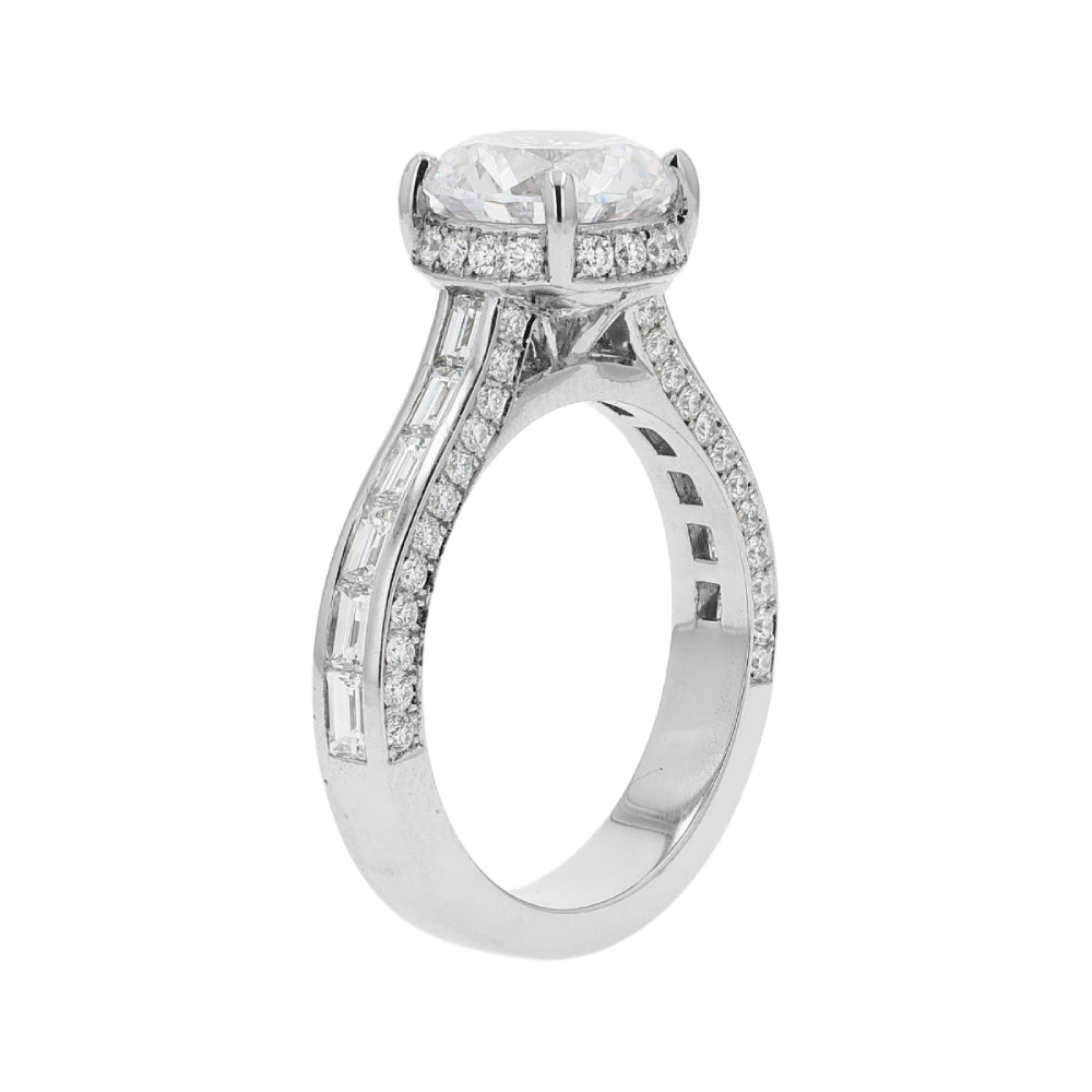 Platinum diamond engagement ring with diamond accents a round cubic zirconia center on a white background