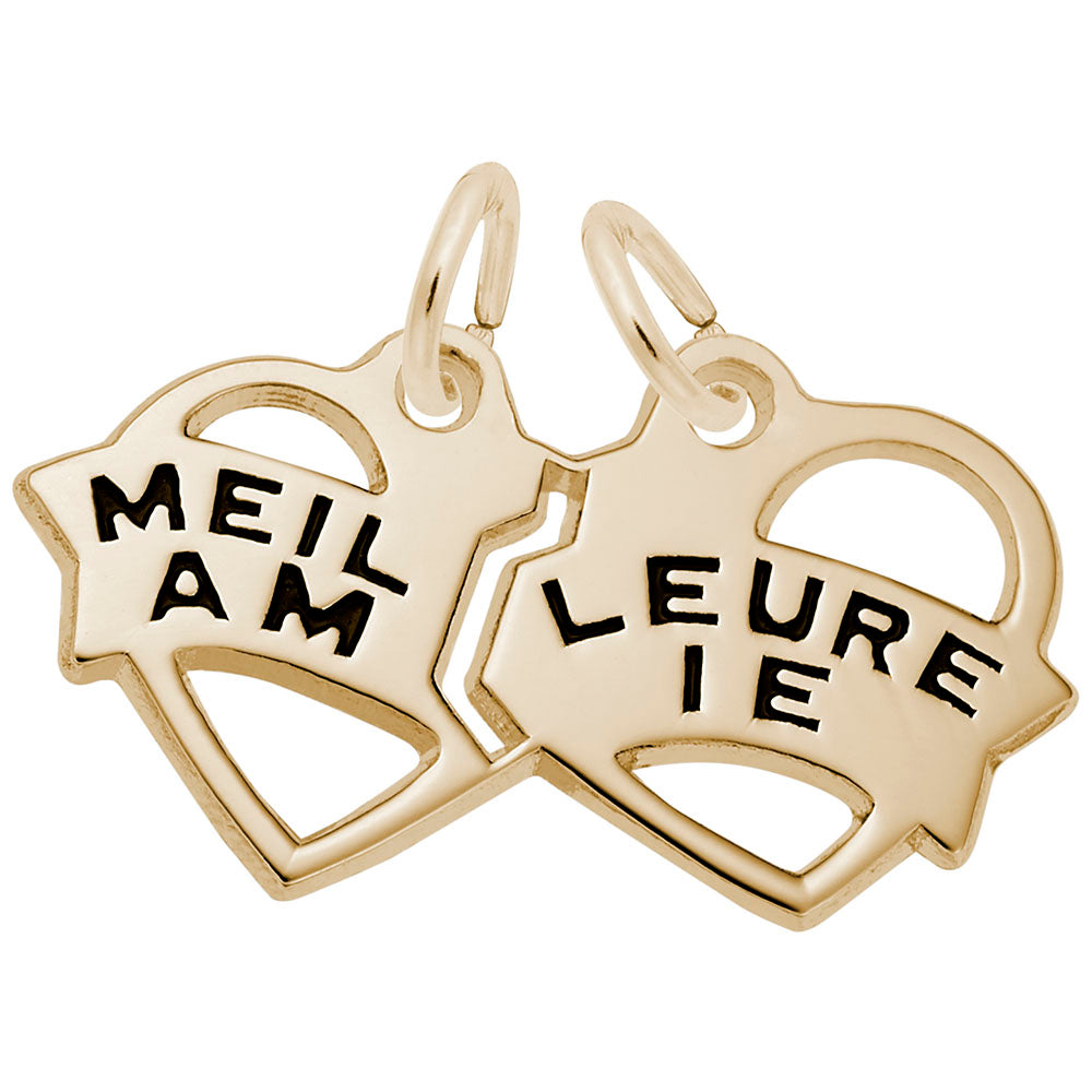 Two gold breakapart heart-shaped charms with black "Meilleure Amie" text on a white background