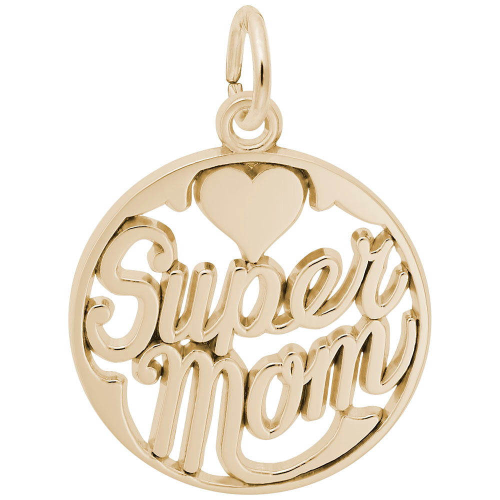 Gold 'Super Mom' charm with a heart on a white background