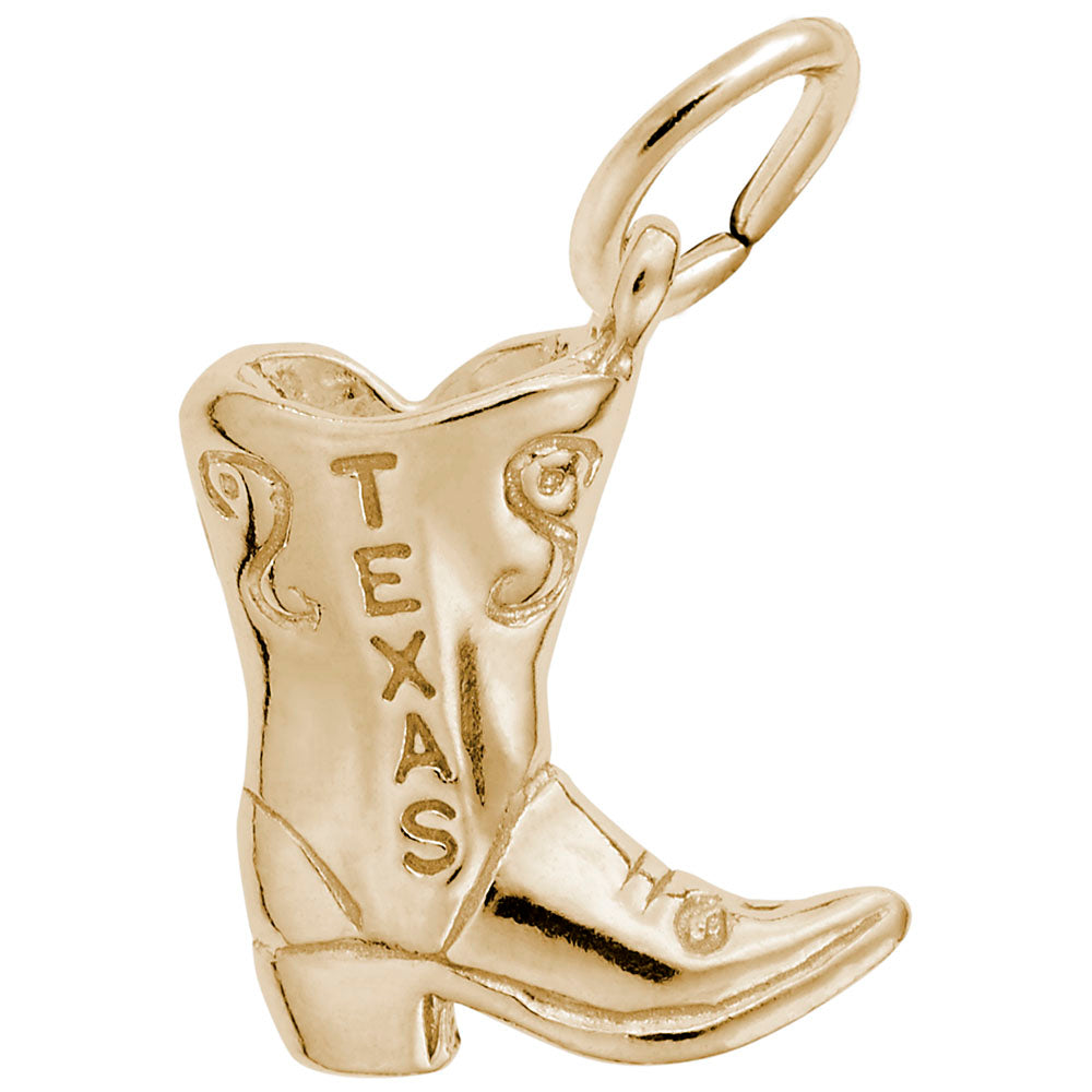 Gold cowboy boot charm with 'Texas' engraving on a white background