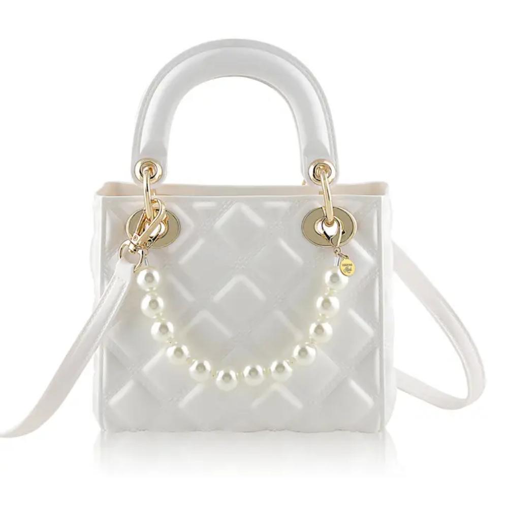 Carrying Kind Pearl Quilted Jelly White Kids Purse with Pearl Accent