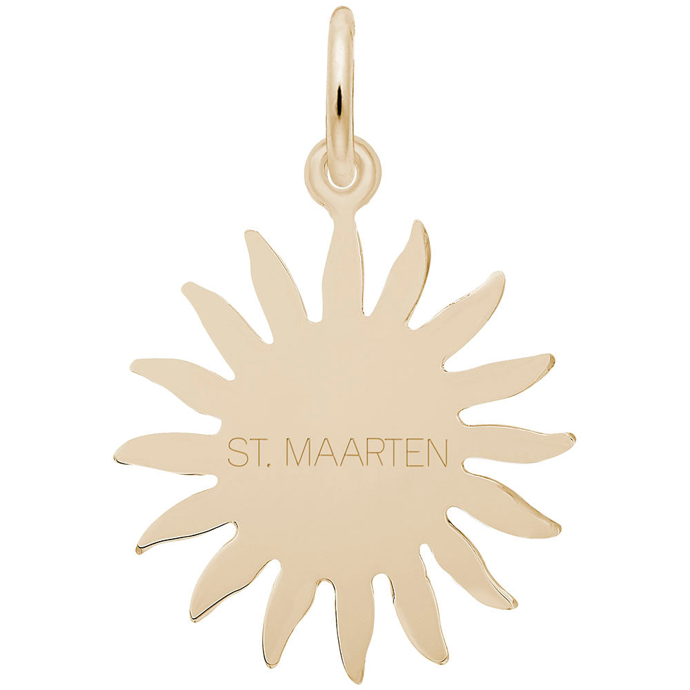 Gold charm shaped like a sun with 'ST. MAARTEN' text, shown on a white background