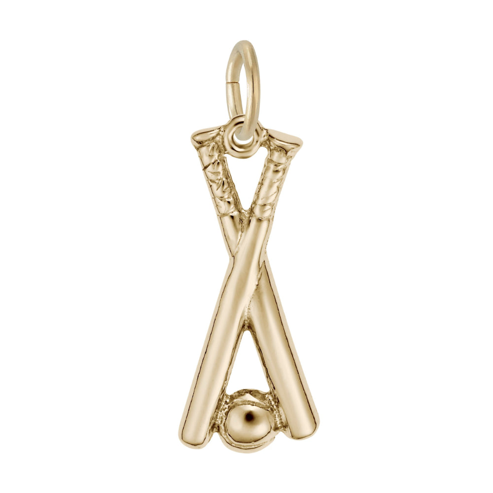 Gold crossed baseball bats and baseball charm shown on a white background