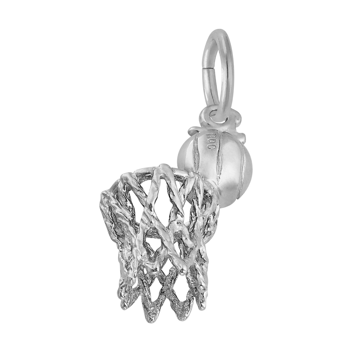 Silver basket ball and hoop charm focusing on the textured net, shown on a white background