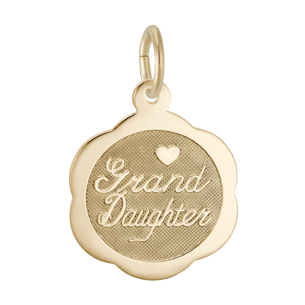 Gold pendant with 'Grand Daughter' engraving on a white background