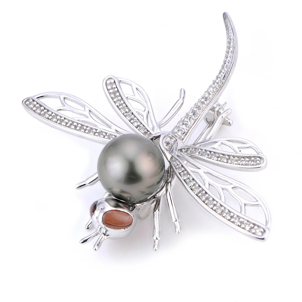 Sterling Silver Tahitian Pearl Dragonfly Brooch