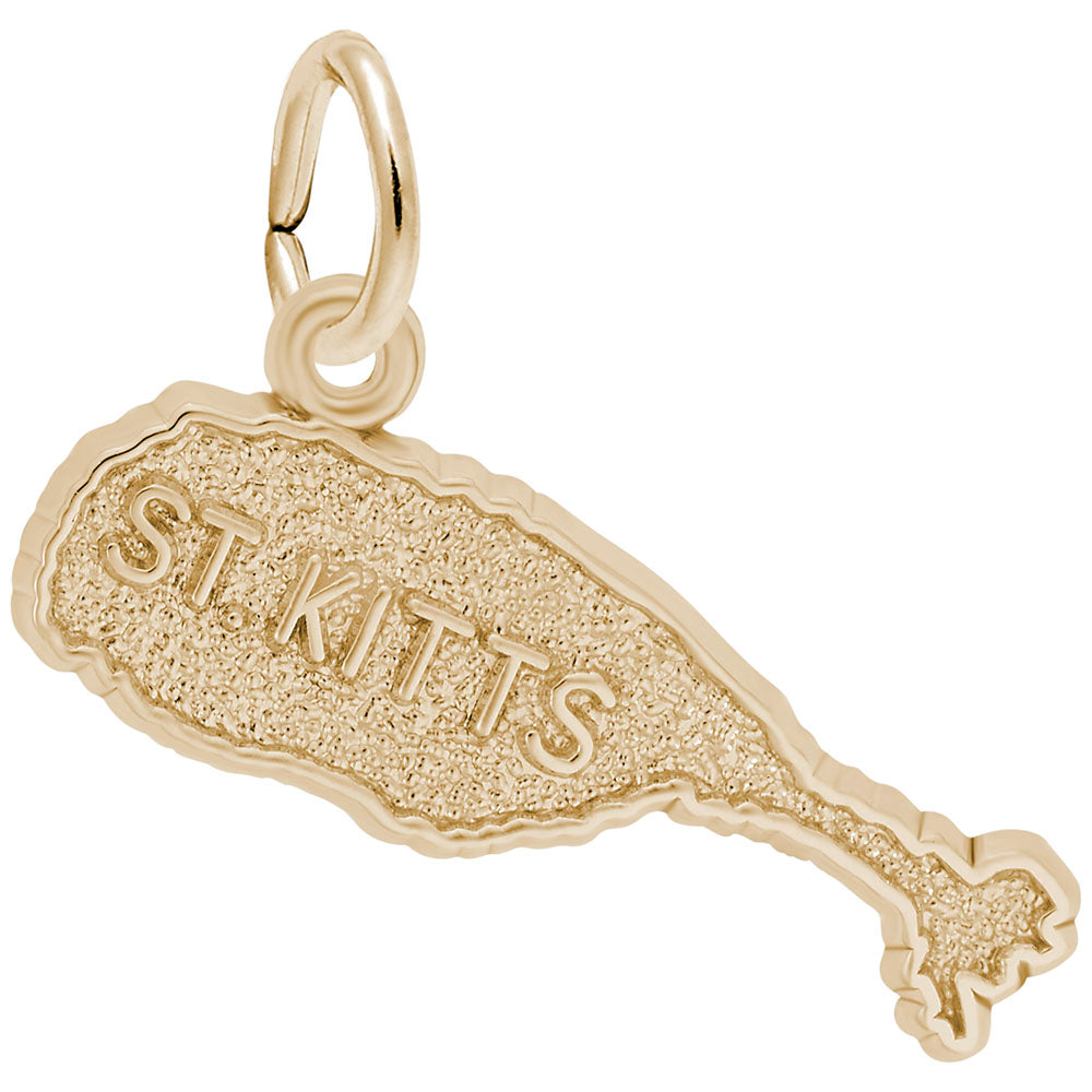 Gold charm shaped like a map of St. Kitts on a white background