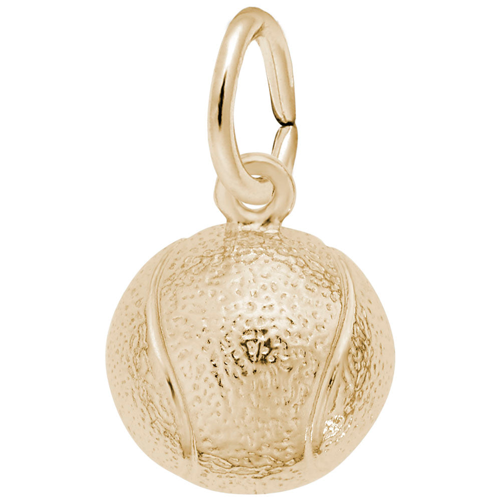 Gold tennis ball charm with engraved lines, and dimpled finish, shown on a plain white background