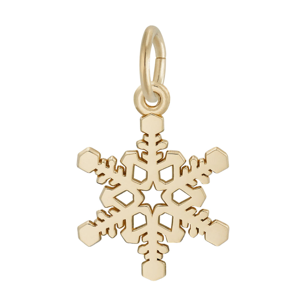 A gold snowflake charm pendant with a small top loop, shown on a plain white background.
