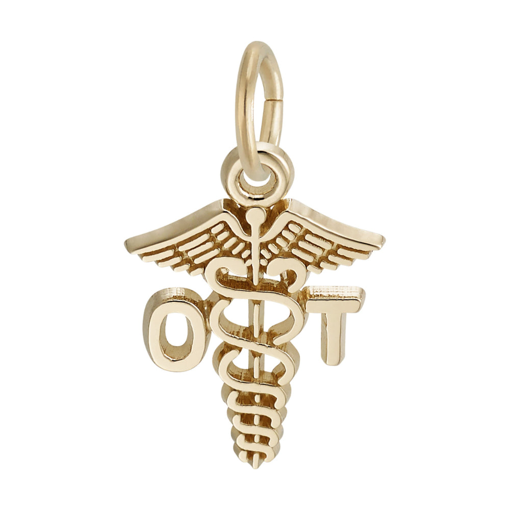 Gold medical caduceus charm with 'OT' letters on either side representing Occupational Therapy, shown on a plain white background