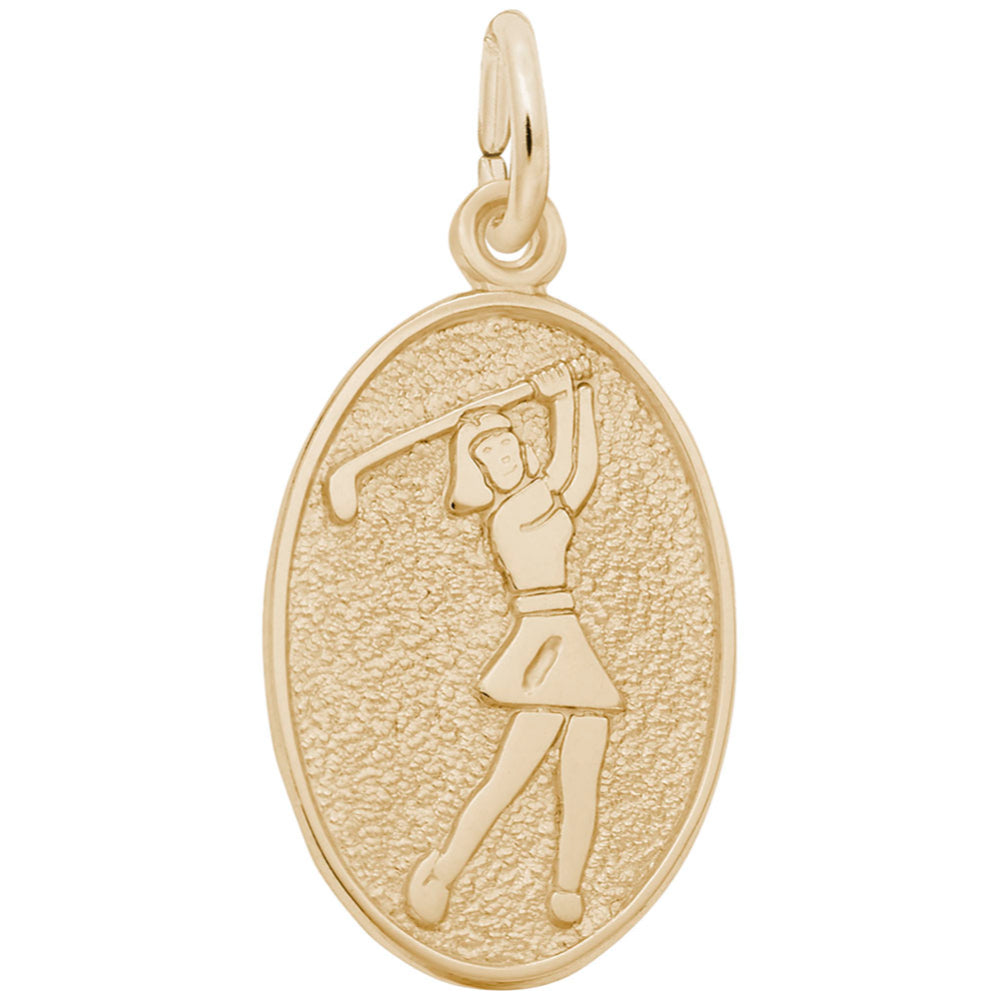 An oval gold charm featuring an engraved silhouette of a female golfer mid-swing, set against a textured background with a polished border, shown on a plain white background