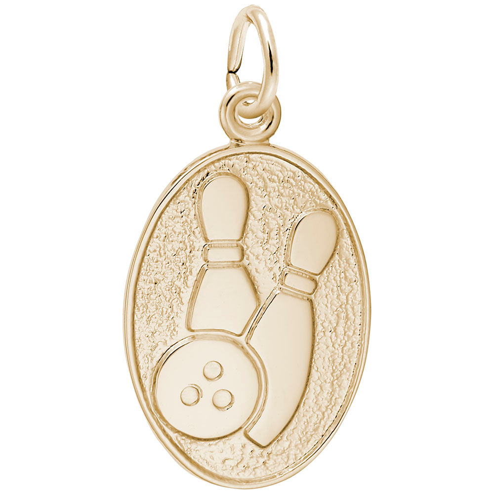 Gold oval charm with a textured finish and a bowling ball and 2 bowling pins engraved upon it, shown on a plain white background