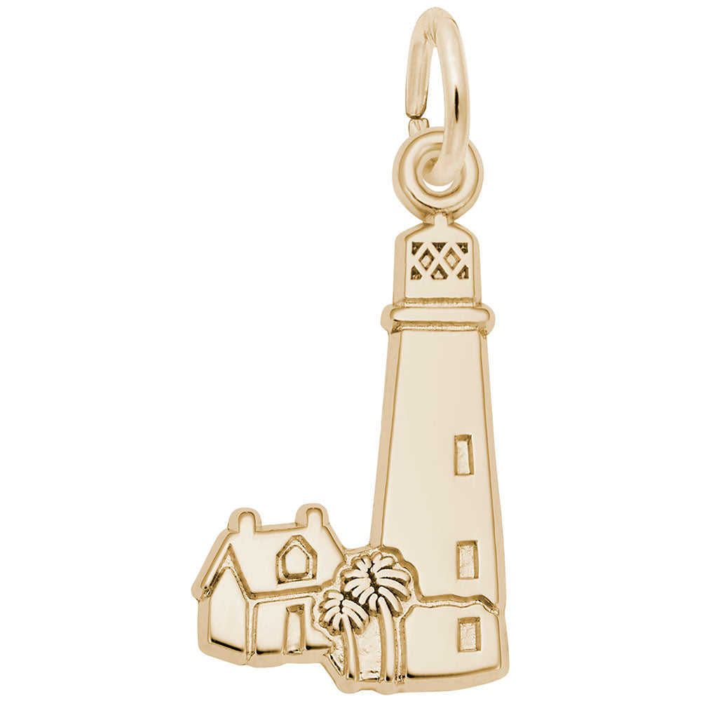 Gold charm shaped like the Cape Florida Lighthouse with engraved windows and line details, shown on a plain white background