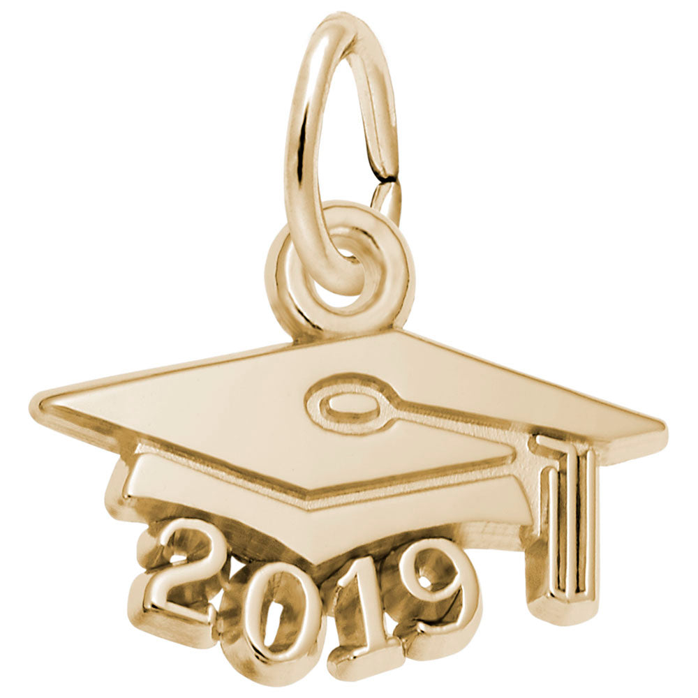 Gold graduation cap charm with '2019' on a white background