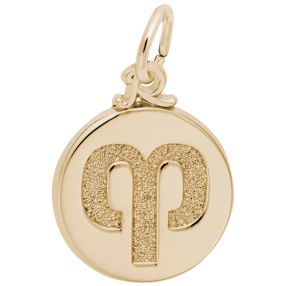 Gold disc charm with the Aries symbol engraved in the center, shown on a white background