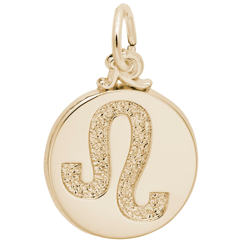 Gold disc charm with the Leo symbol engraved in the center, shown on a white background