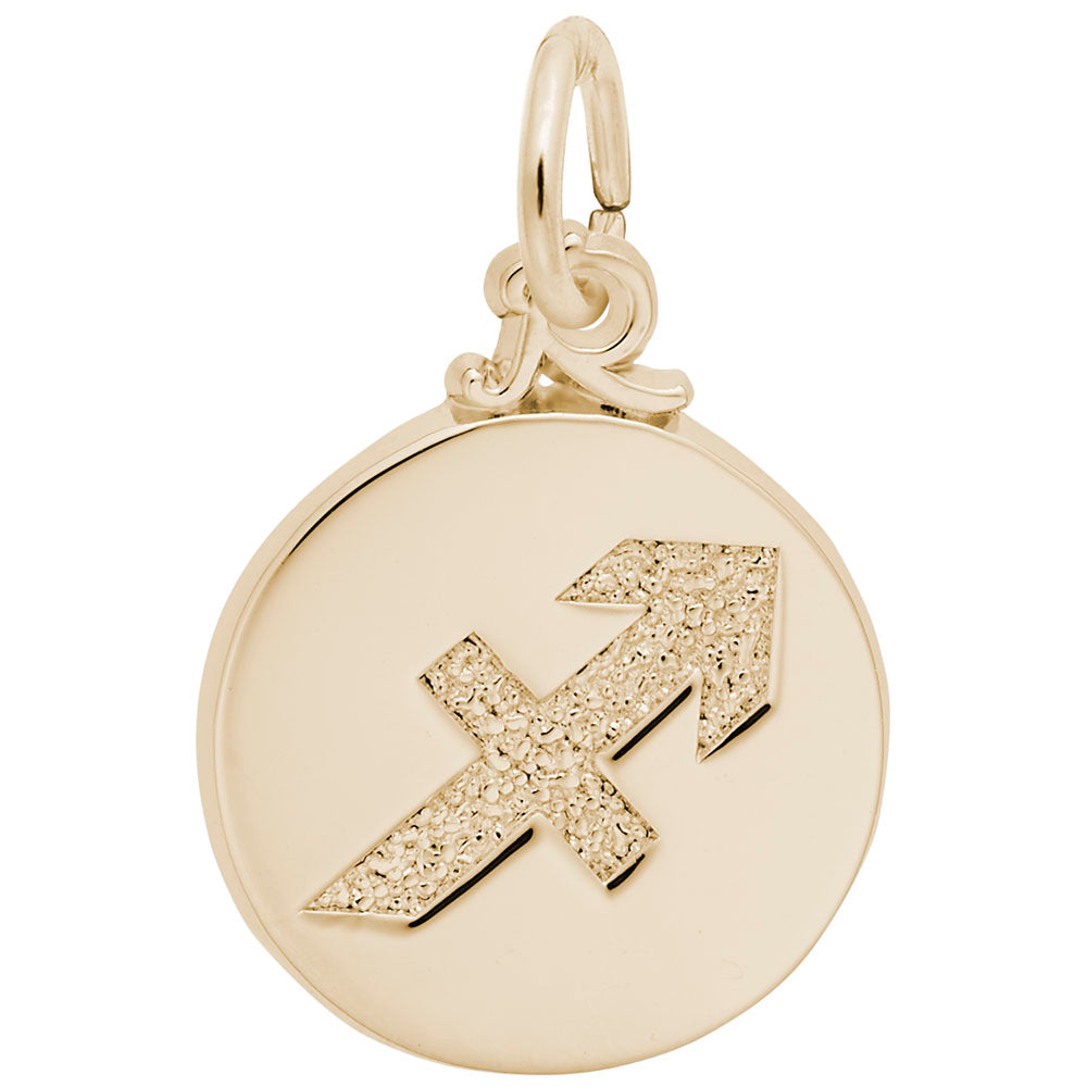 Gold disc charm with the Sagittarius symbol engraved in the center, shown on a white background